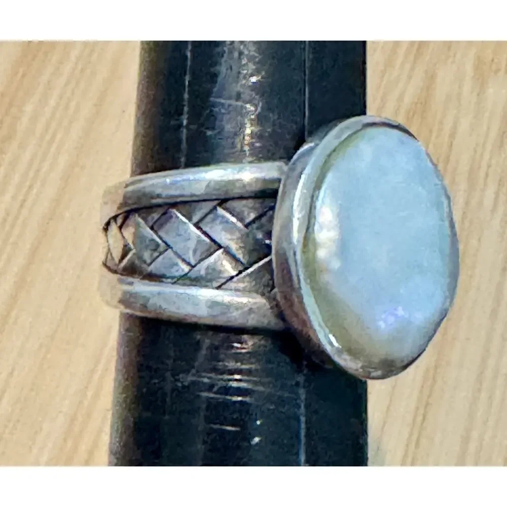 Vintage CFJ Thai Mother of Pearl 925 Sterling Silver Statement Ring Size 6.5